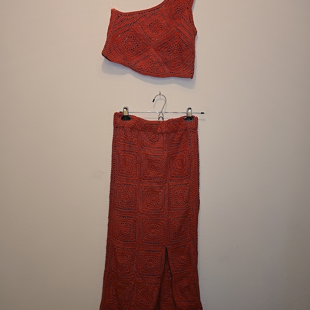 Elegant Crochet Red Skirt Set